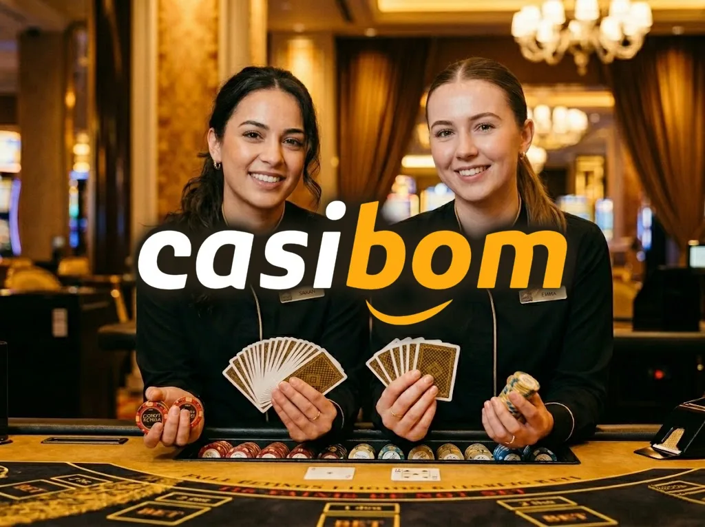 Casibom logosu önünde iki canlı casino krupiyesi